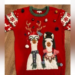Hooked Up Mens Llama Ugly Christmas Sweater Medium Crew Neck Jingle Bells EC
